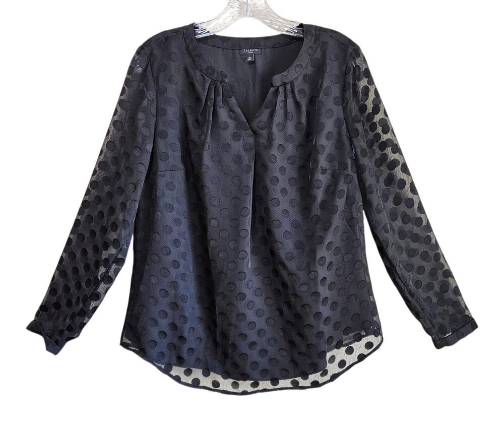 TALBOTS Women's Petite M MP Blouse Black Polka Dots Sheer Long Sleeve Lined 38"